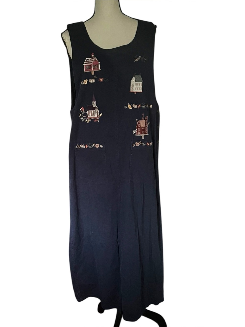 Fall theme Birdhouse/Leave garland embroidered navy jumper dress. SZ. 14